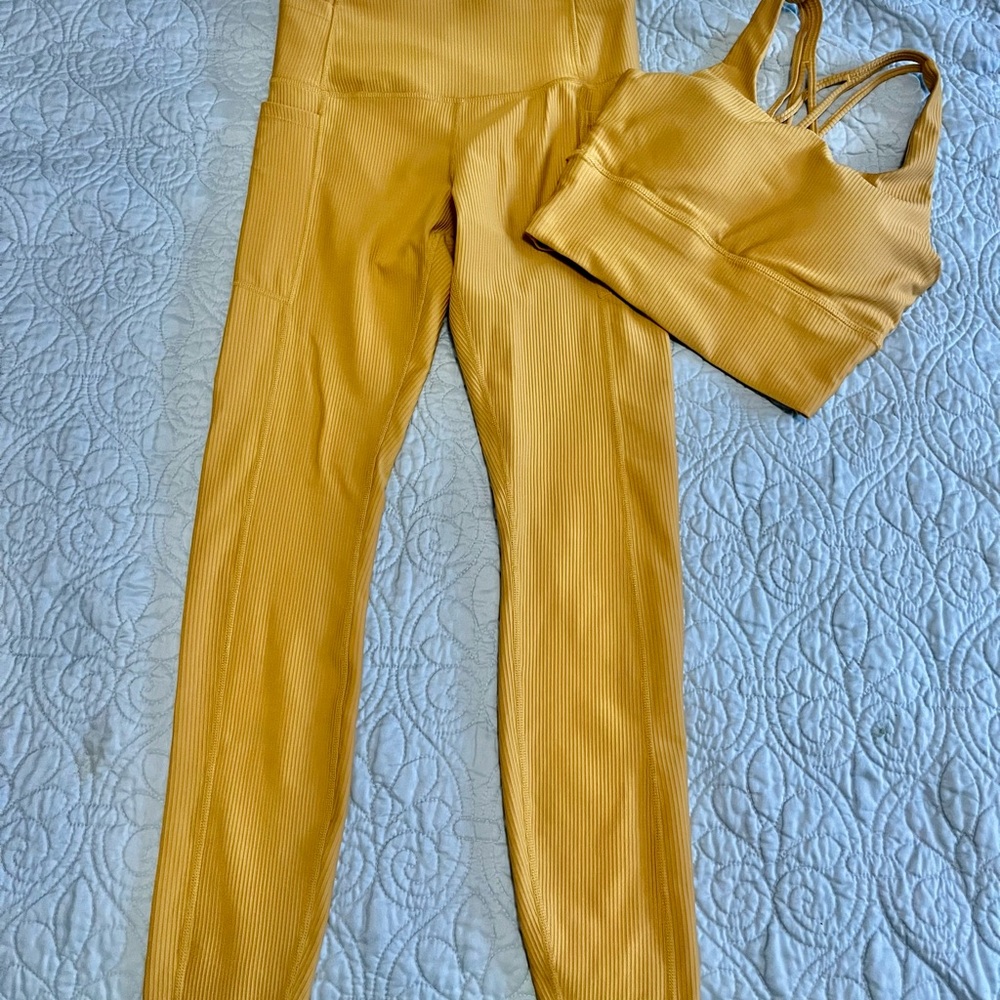 High-Waist Ribbed Leggings & Strappy Sports Bra Set - Mustard